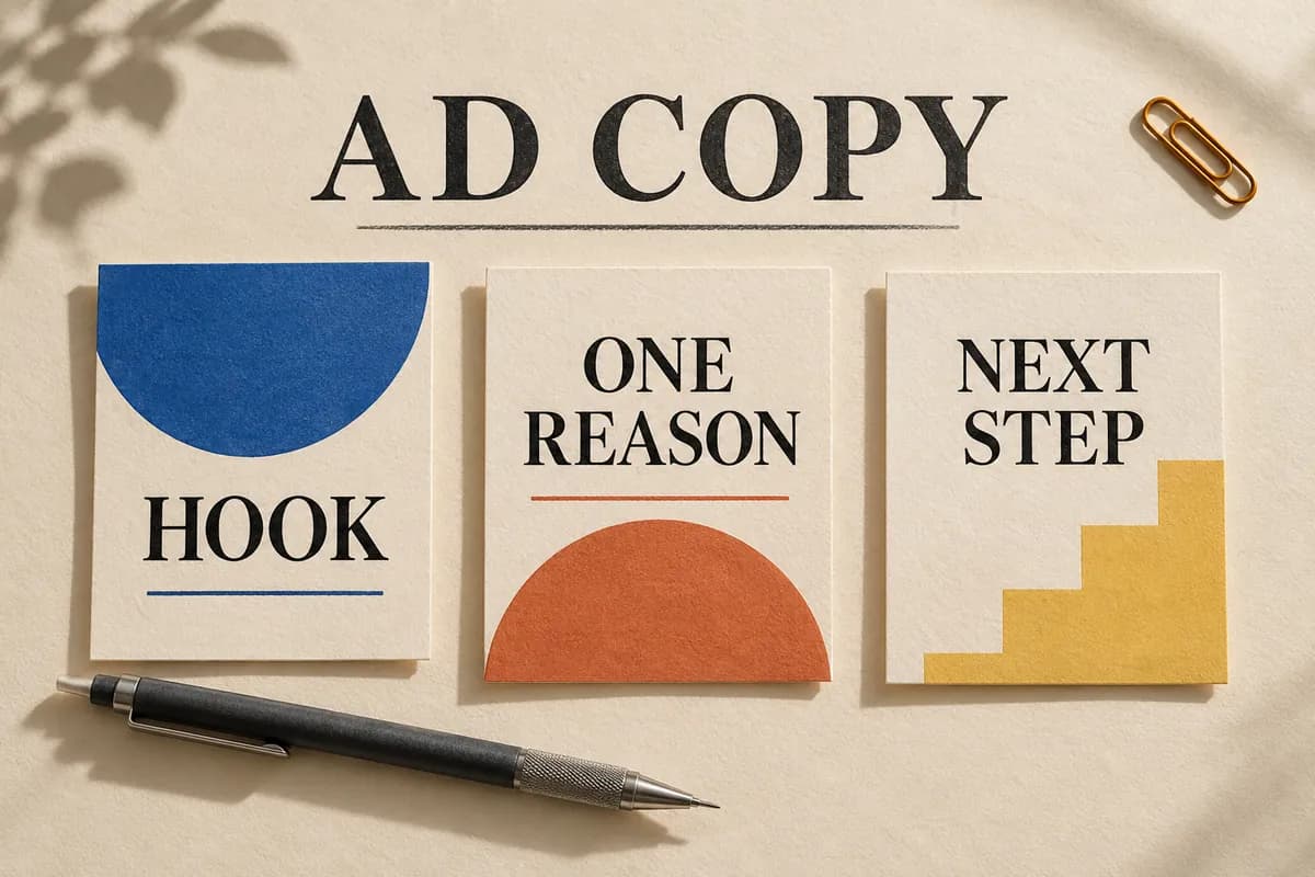 Ad copy examples editorial cover: hook, one reason and next step on three paper cards