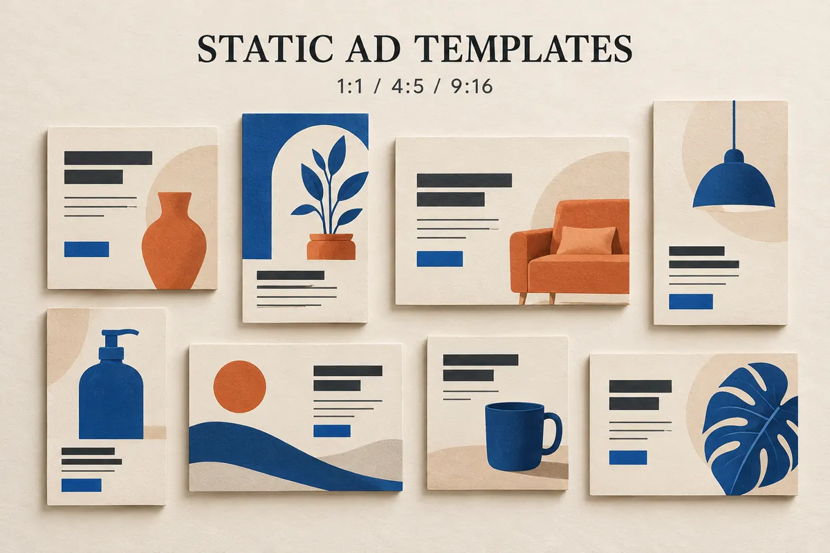 Static ads templates editorial cover with square, portrait and landscape layout cards