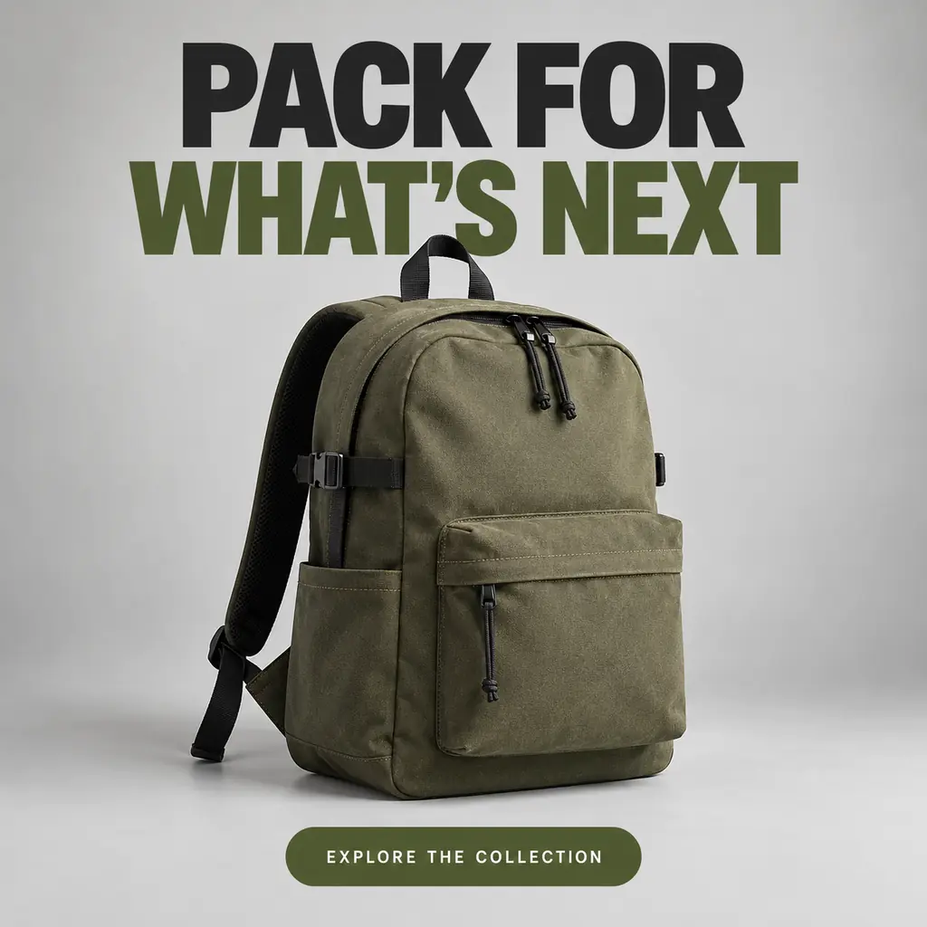 Original olive canvas backpack ad with a bold headline and green collection button