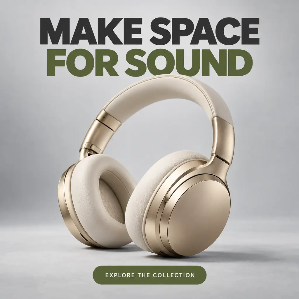 Original champagne-gold over-ear headphone ad with a bold sound headline and green CTA