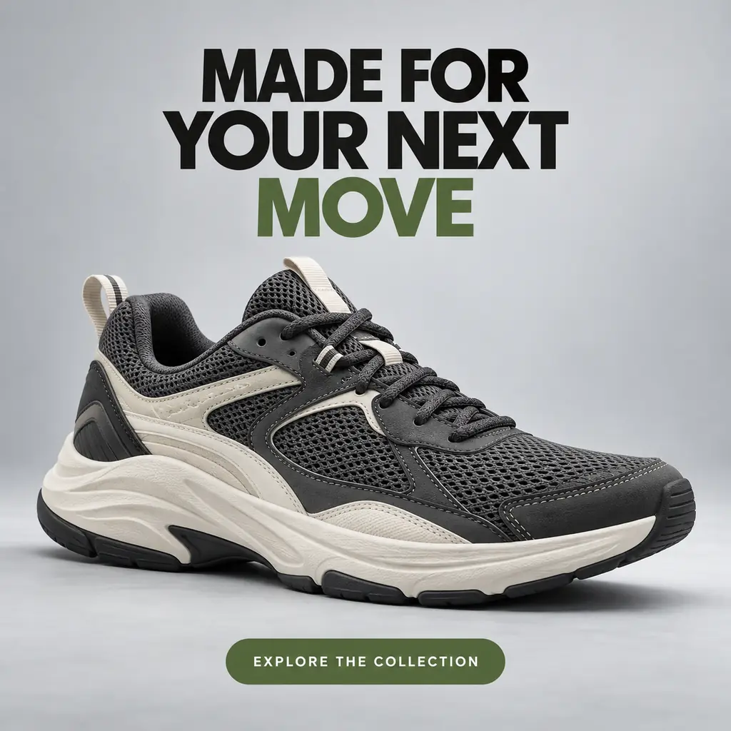 Original sneaker static ad with a bold headline, a charcoal-and-cream shoe and a green call to action