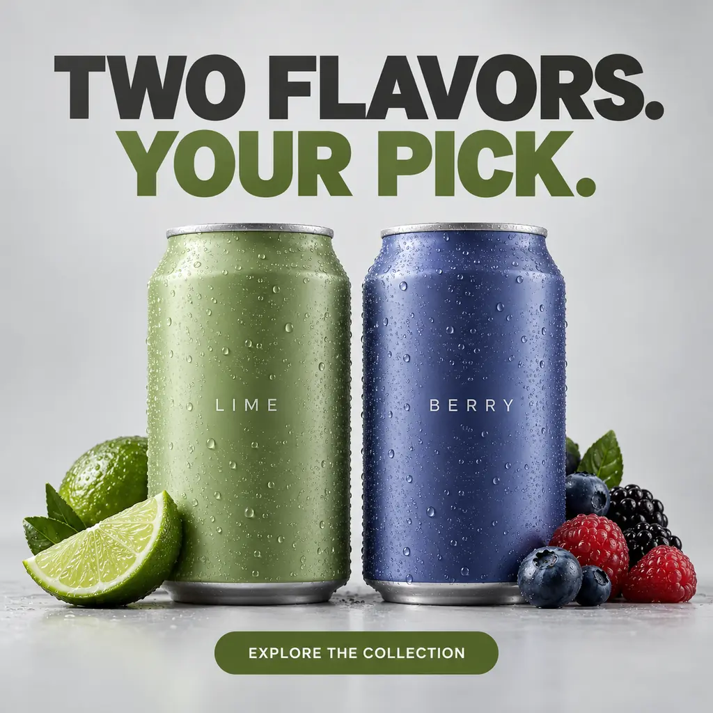 Original ad showing sage-green lime and berry-blue sparkling-water cans side by side